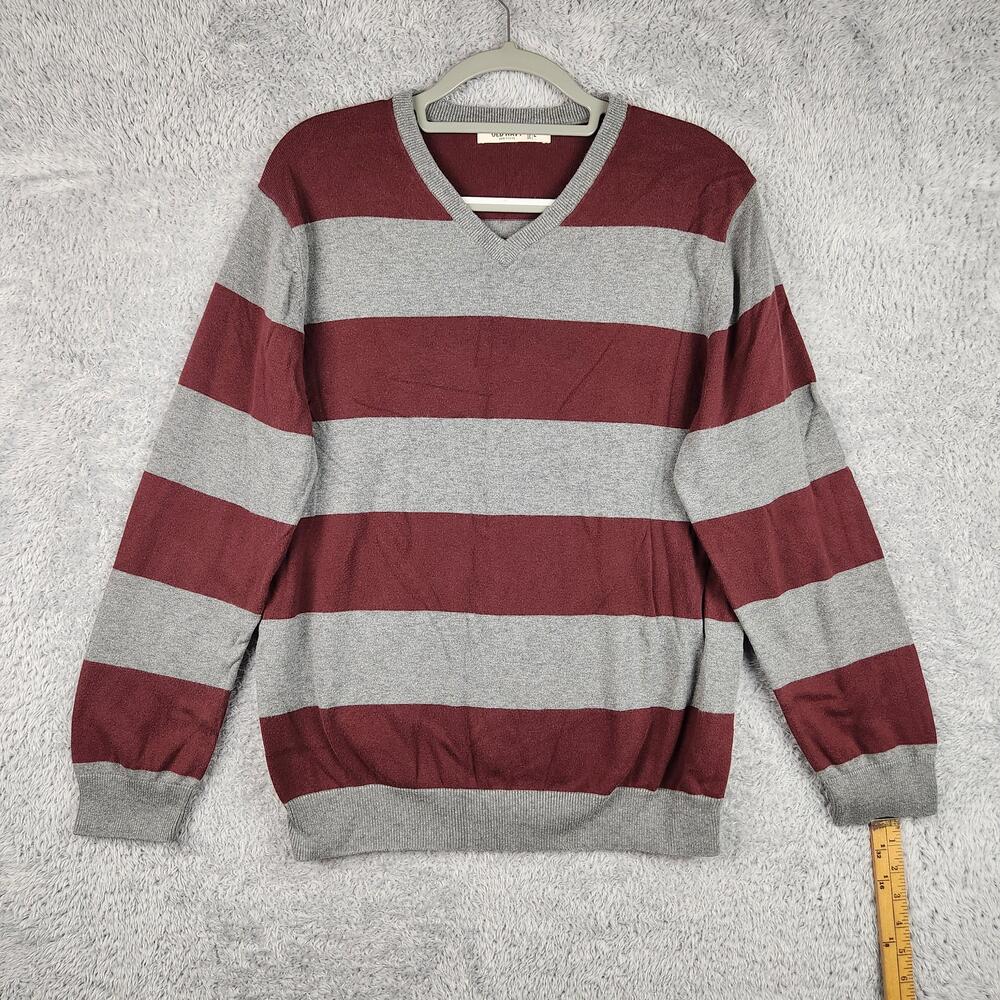 Old Navy Sweater Mens Large Red Gray Striped V Neck Lightweight Knit Pullover
